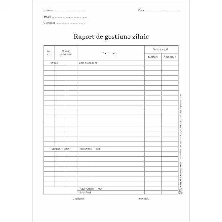 Raport de gestiune zilnic 70g