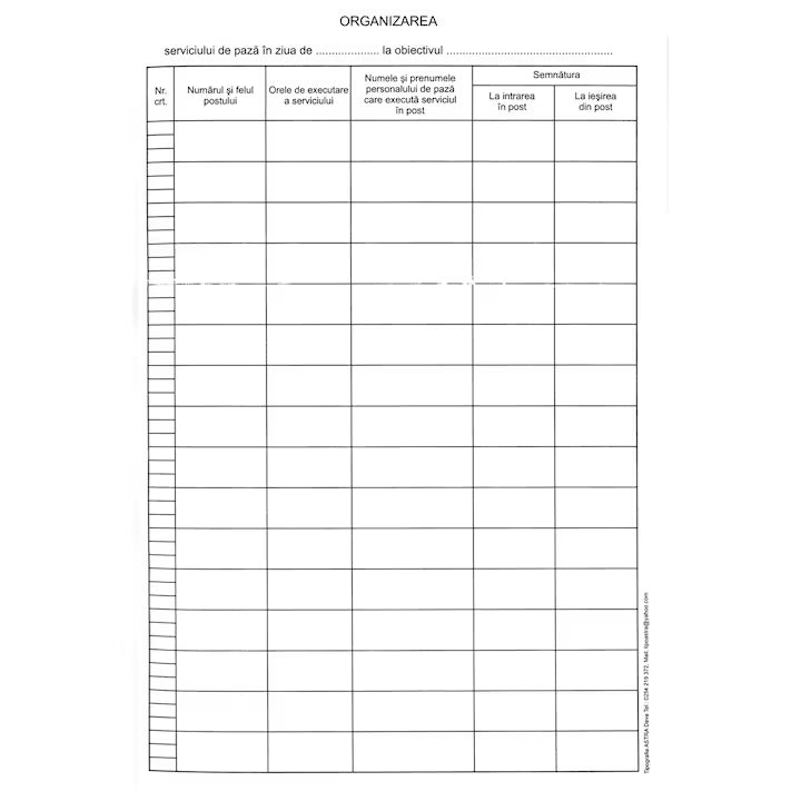 Registru organizare serviciu paza la obiectivul